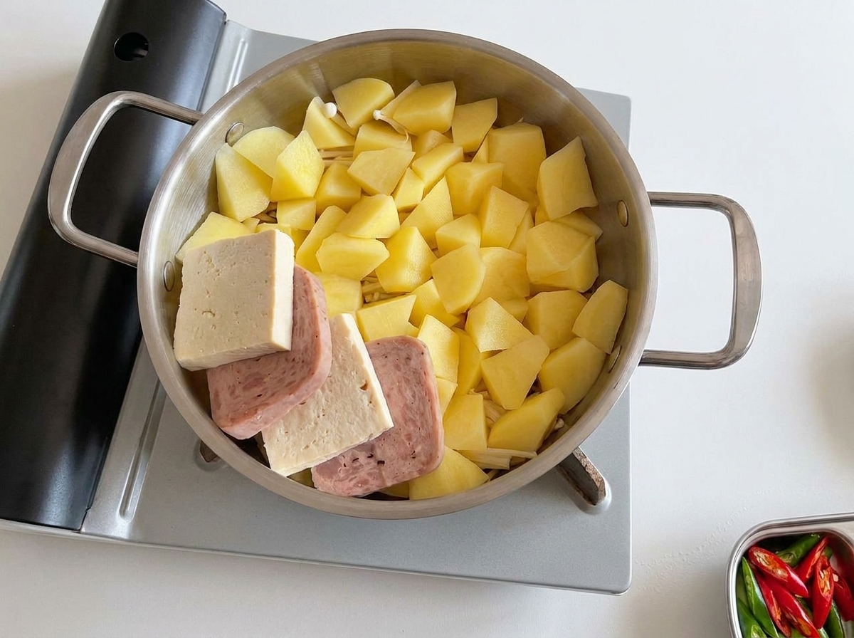 Grube plastry mielonki i bloki tofu ułożone w koło na pokrojonych ziemniakach w metalowej patelni.