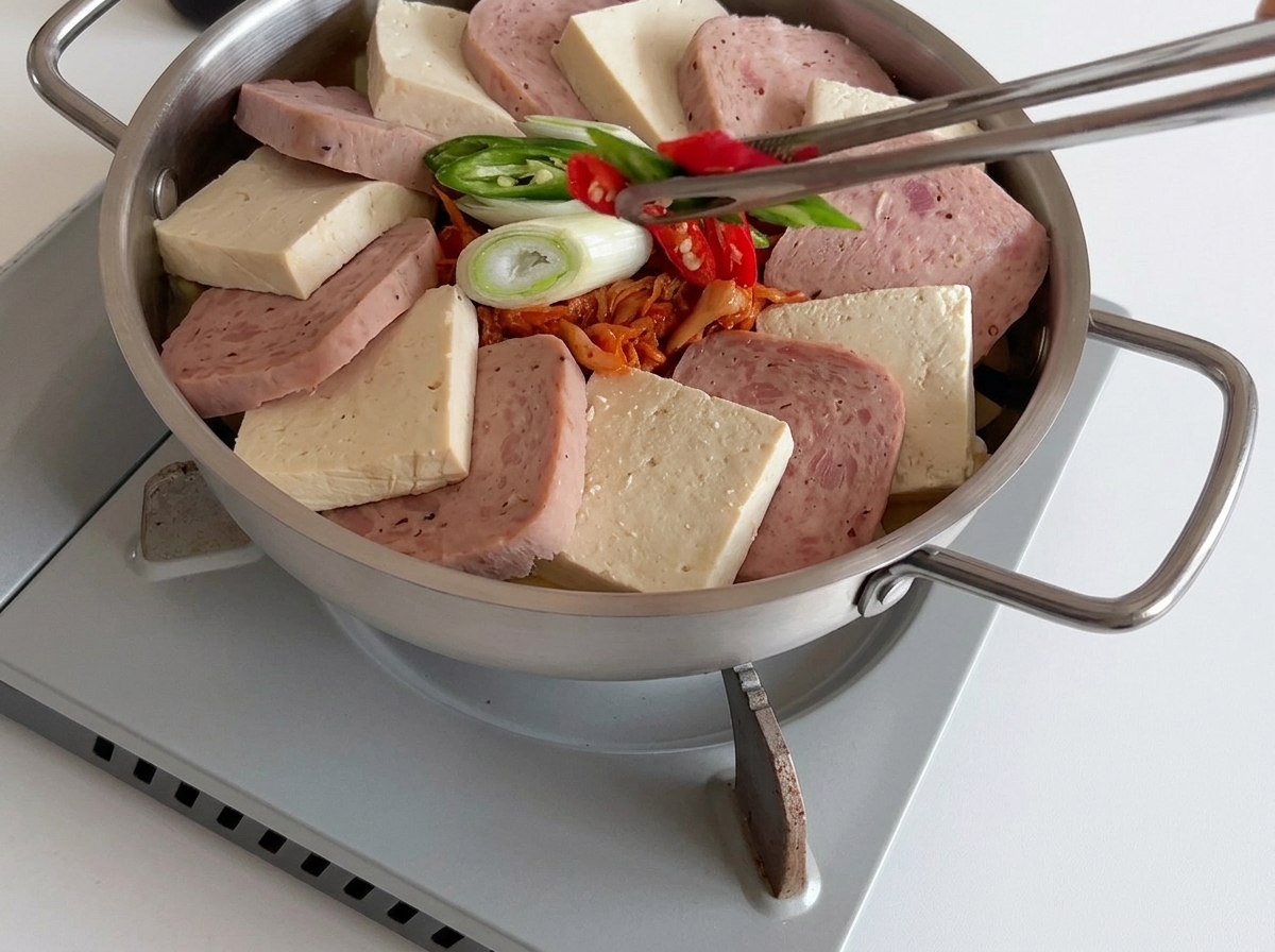 Szczypce umieszczające świeże czerwone i zielone papryczki chili w środku garnka wypełnionego mielonką, tofu, kimchi i dymką.