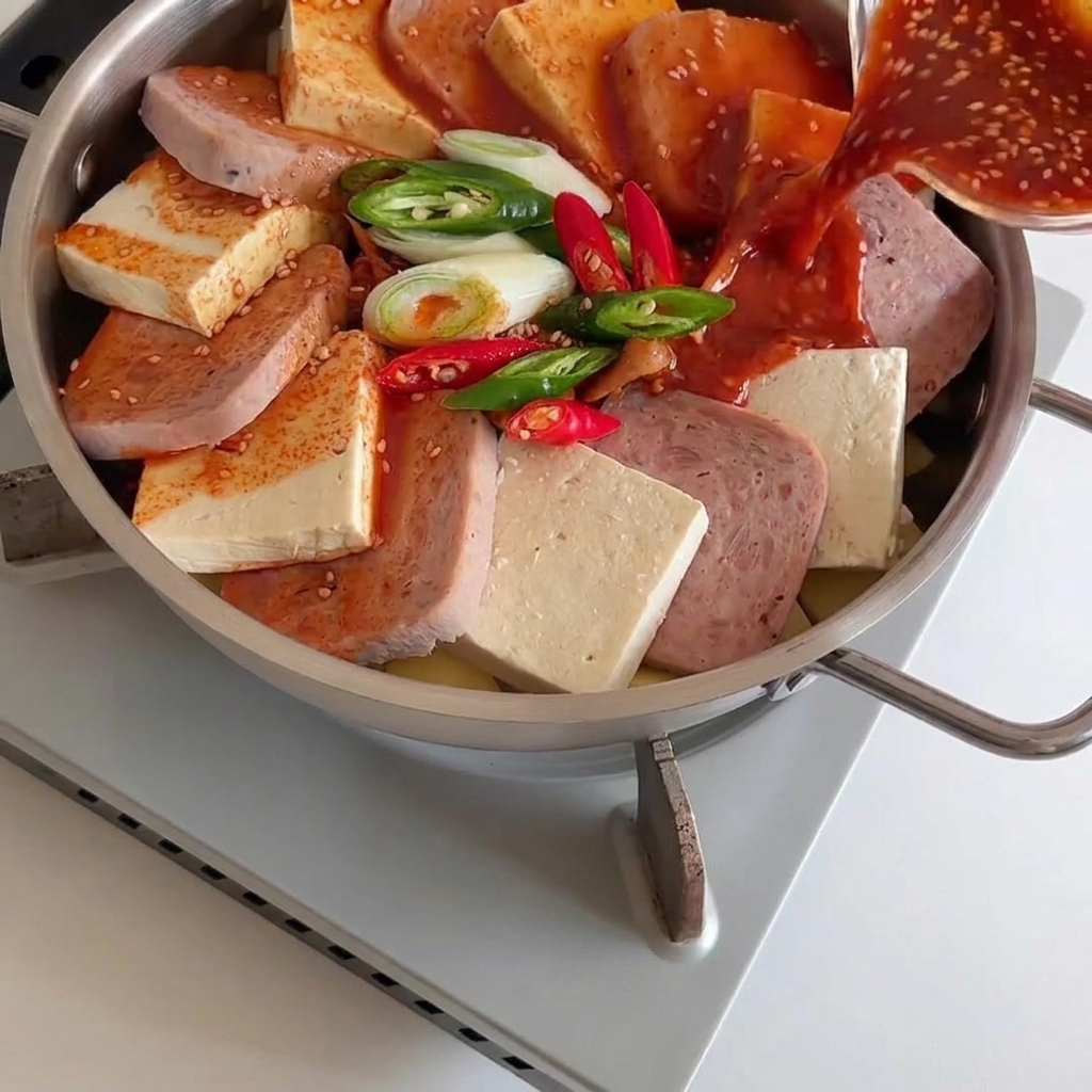 Wlewanie gęstego czerwonego sosu chili z małej szklanej miseczki na mielonkę, tofu i aromatyczne dodatki na patelni.
