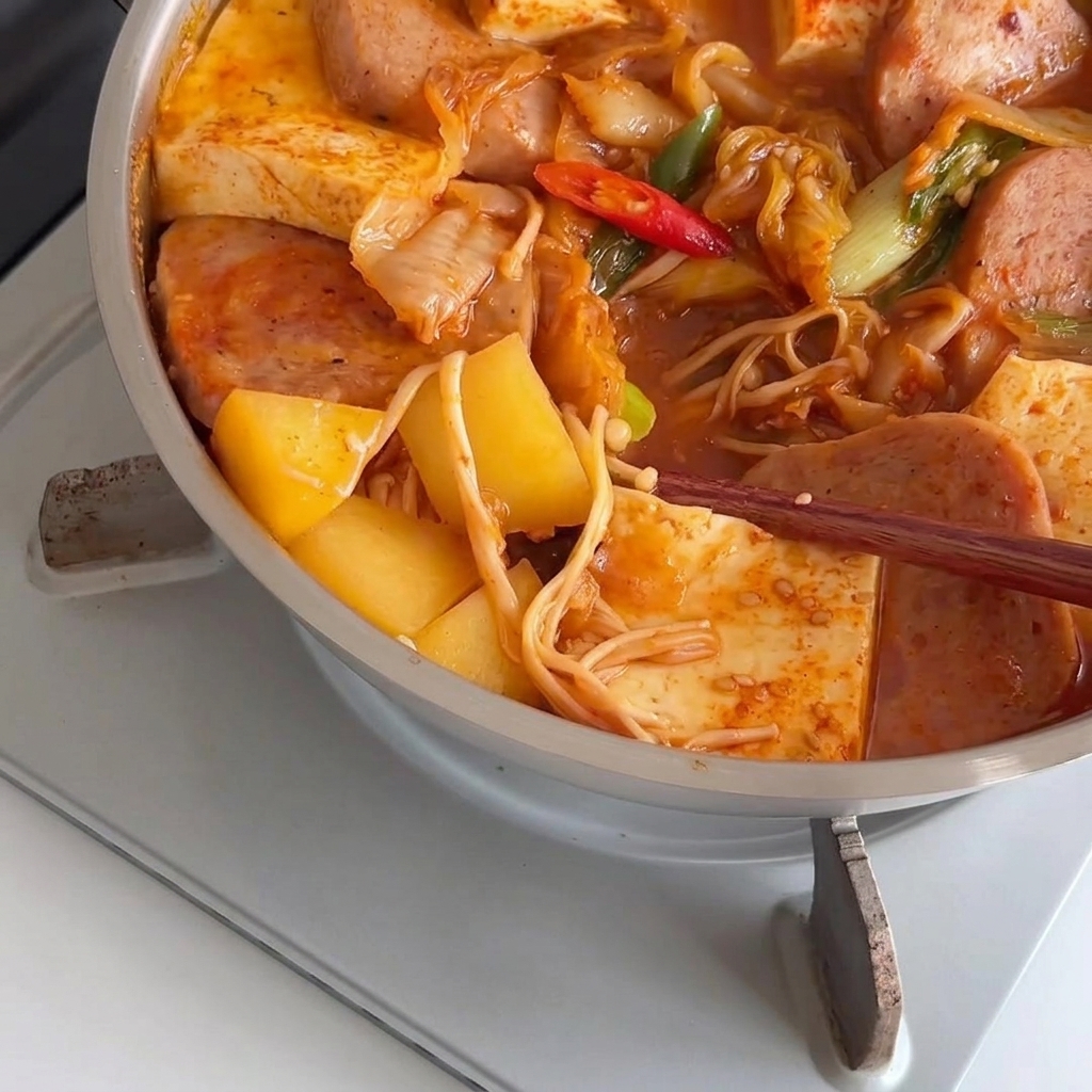 Pałeczki wyciągające ugotowane grzyby enoki w garnku mocno wrzącego czerwonego gulaszu otoczonego mielonką i tofu.