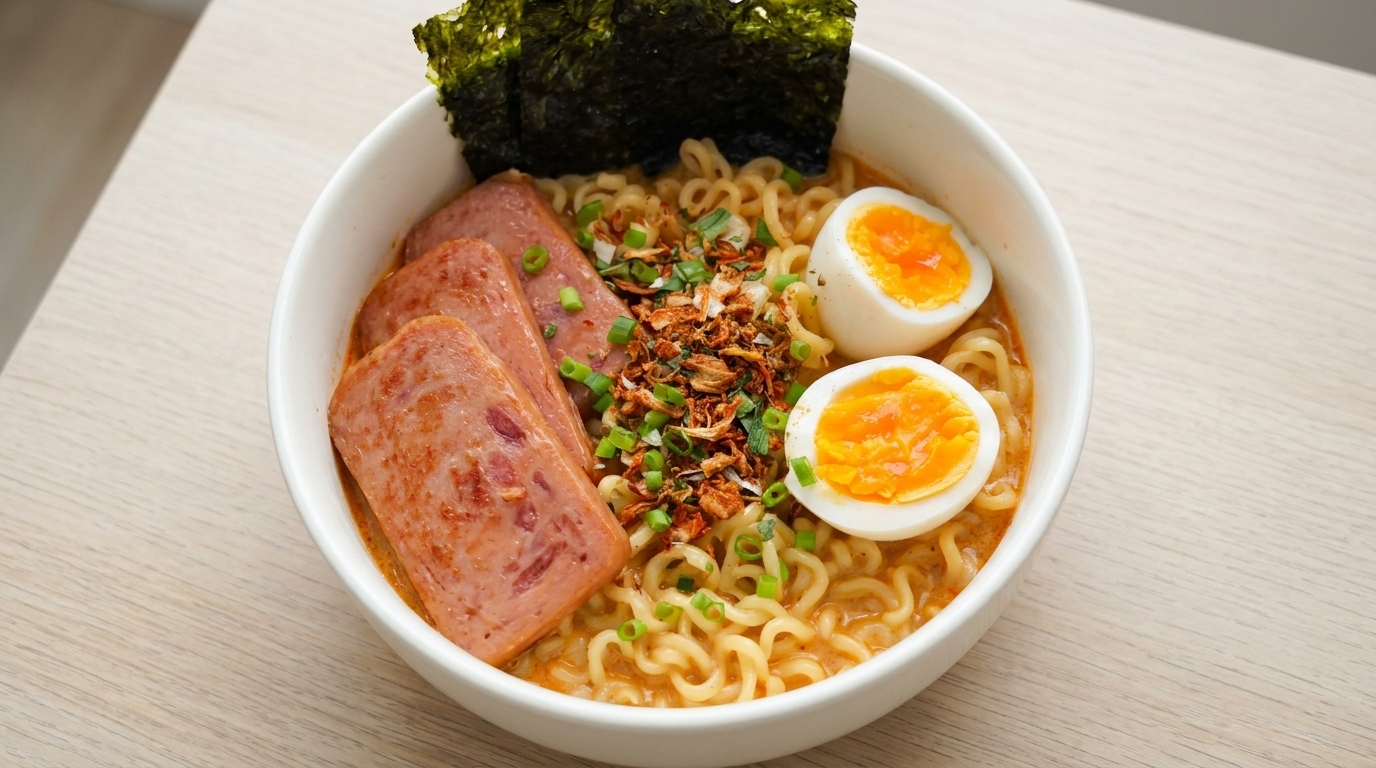 Pikantny Kremowy Ramen Instant z Szynką Spam i Jajkiem