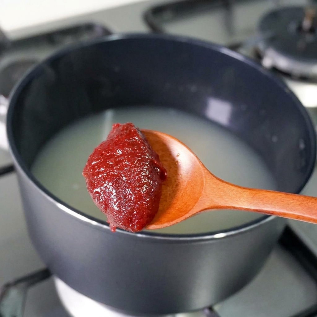 Łyżka gęstej, czerwonej pasty chili dodawana do garnka z bulionem.