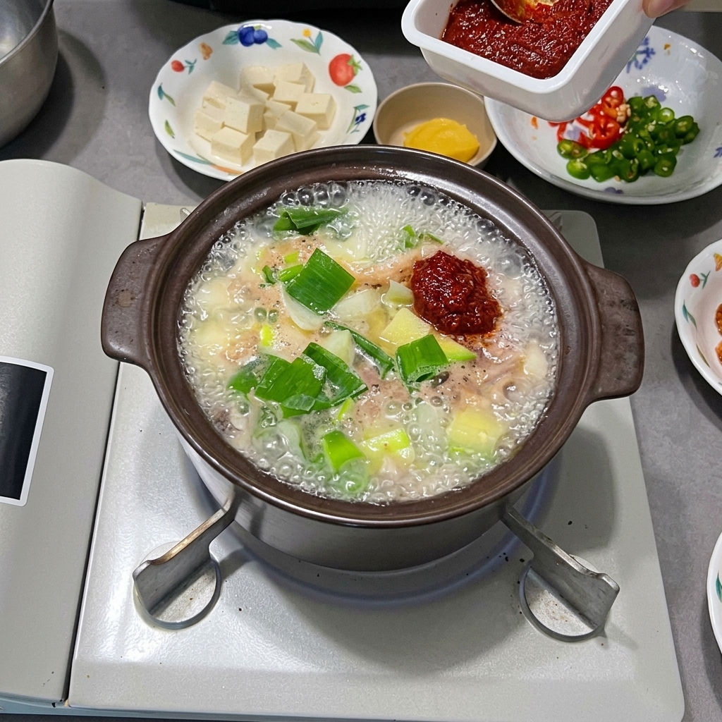 Zbliżenie na łyżkę czerwonego chili w proszku wsypywanego do bulgoczącego gulaszu z mostkiem wołowym.