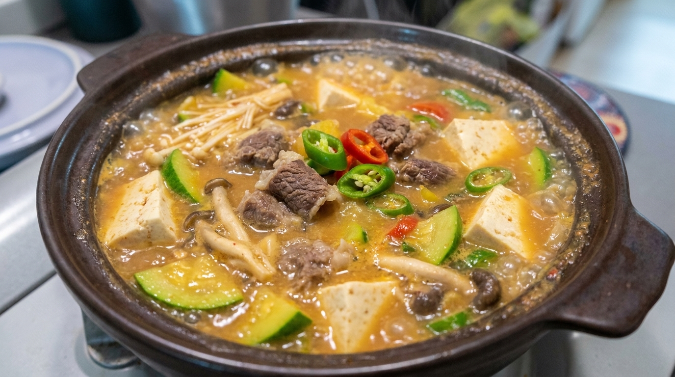 Bulgoczący kociołek koreańskiego gulaszu z pasty sojowej pełen mostka wołowego, miękkiego tofu, cukinii, pieczarek i kolorowych świeżych papryczek chili.