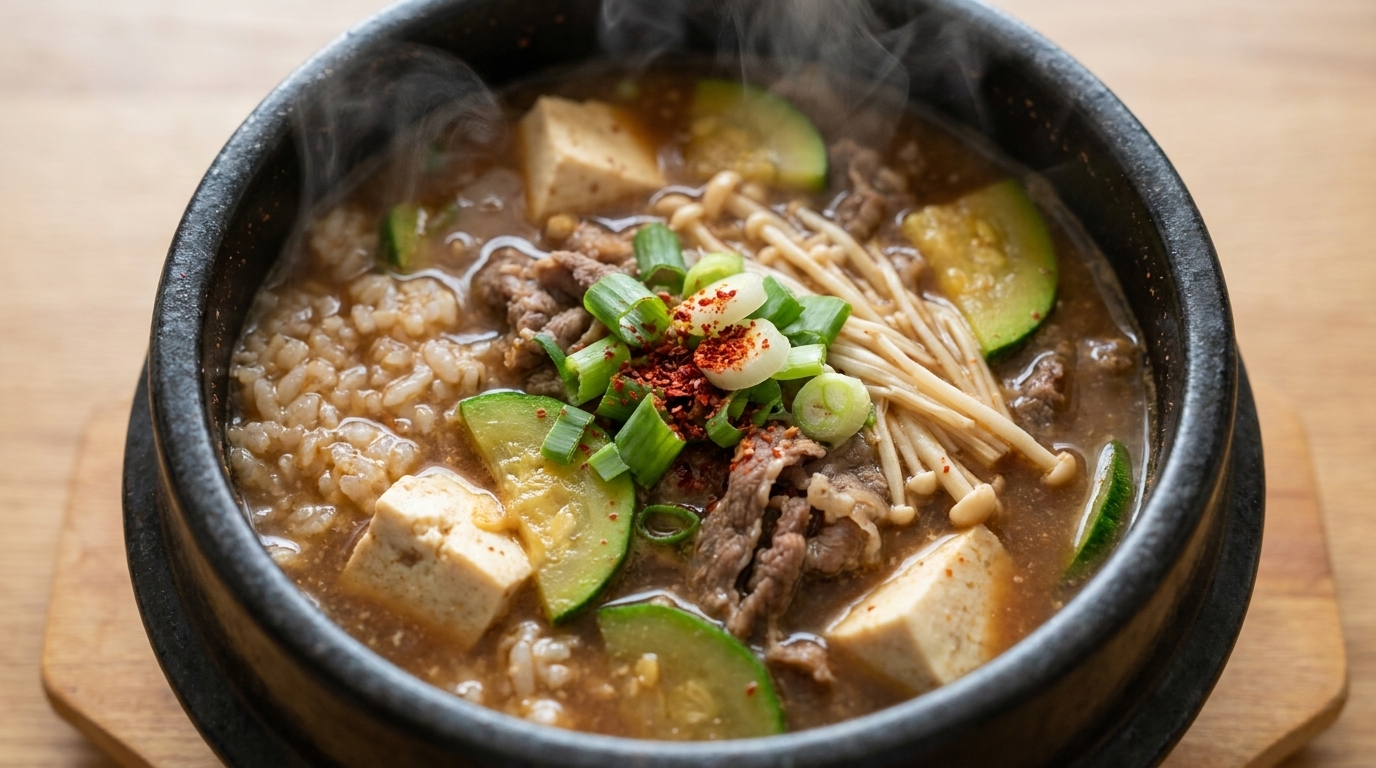 Koreańska zupa z pastą sojową i ryżem (Doenjang-jjigae Bap)
