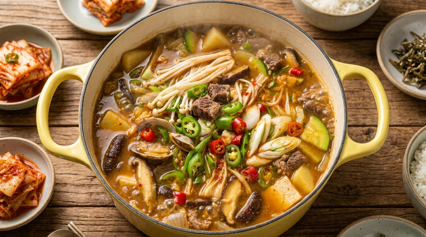 Pożywny gulasz z wołowiną i pastą sojową (Doenjang-jjigae)