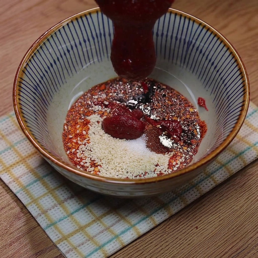 Koreańska pasta chili mieszana z wodą i przyprawami w misce.
