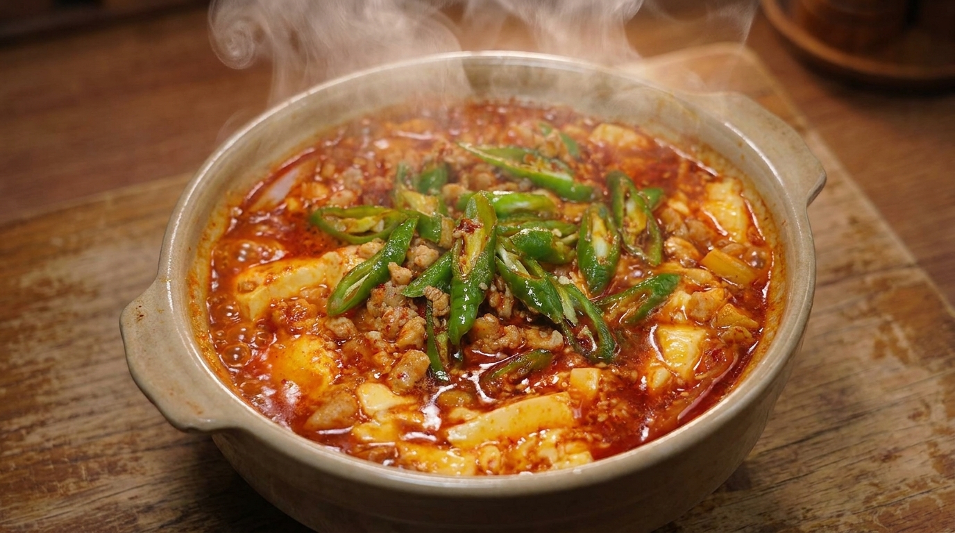 Rustykalny gliniany garnek wypełniony pikantnym gulaszem z aksamitnym tofu, udekorowany świeżym zielonym chili i mieloną wieprzowiną.