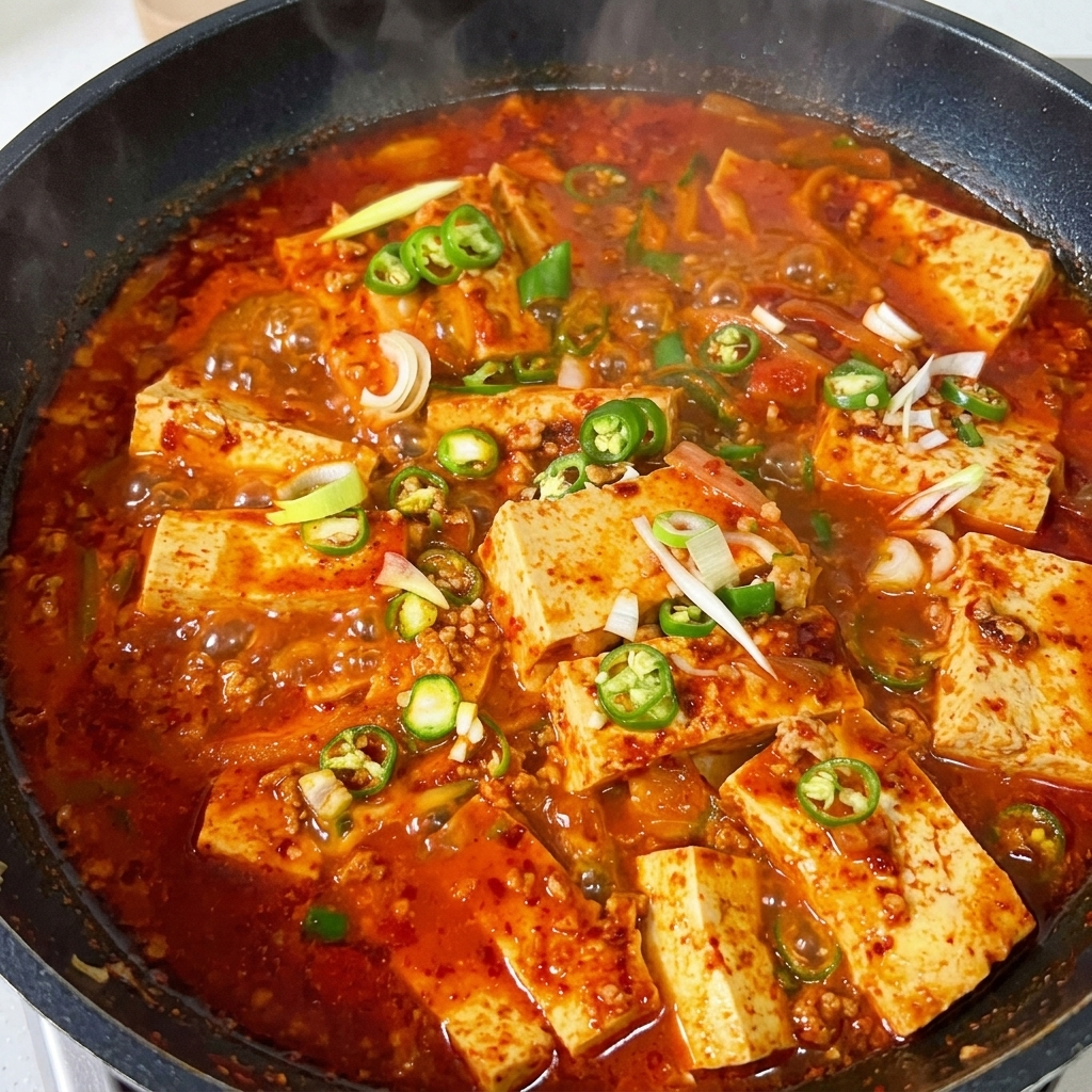 Miarka z mieszanką przypraw, w tym gochujang, płatkami chili i sosami, gotowa do wymieszania.