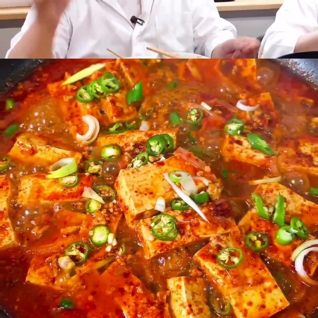 Sos z wodą wlewany na mieszankę tofu, wieprzowiny i cebuli na patelni.