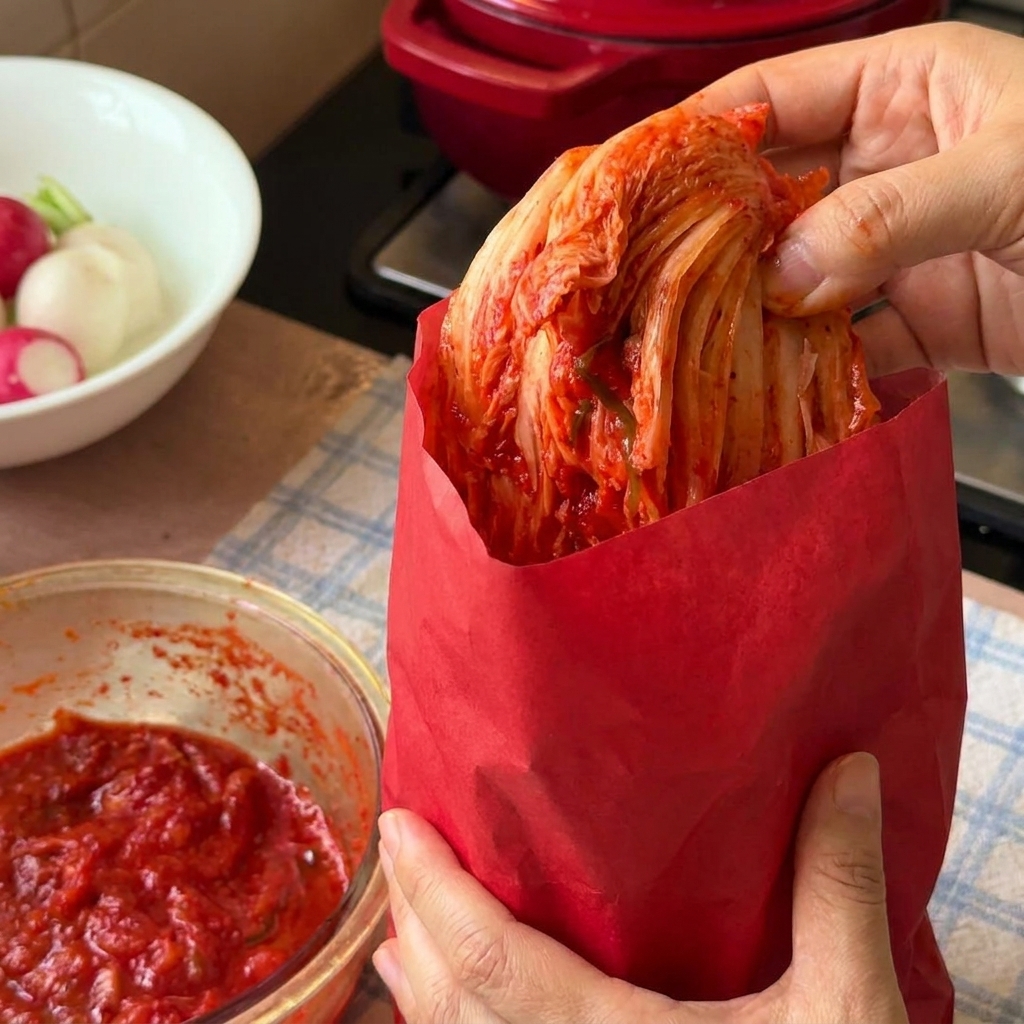 Świeże kimchi z kapusty pekińskiej wyjmowane z plastikowej torby i przekładane do szklanej miski za pomocą metalowych szczypiec.