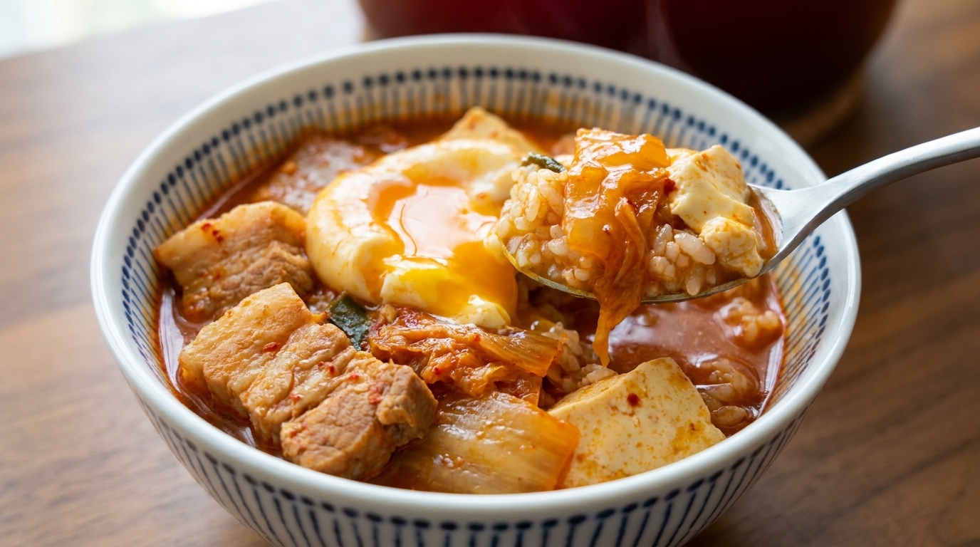 Pikantny koreański gulasz z kimchi, tofu i boczkiem