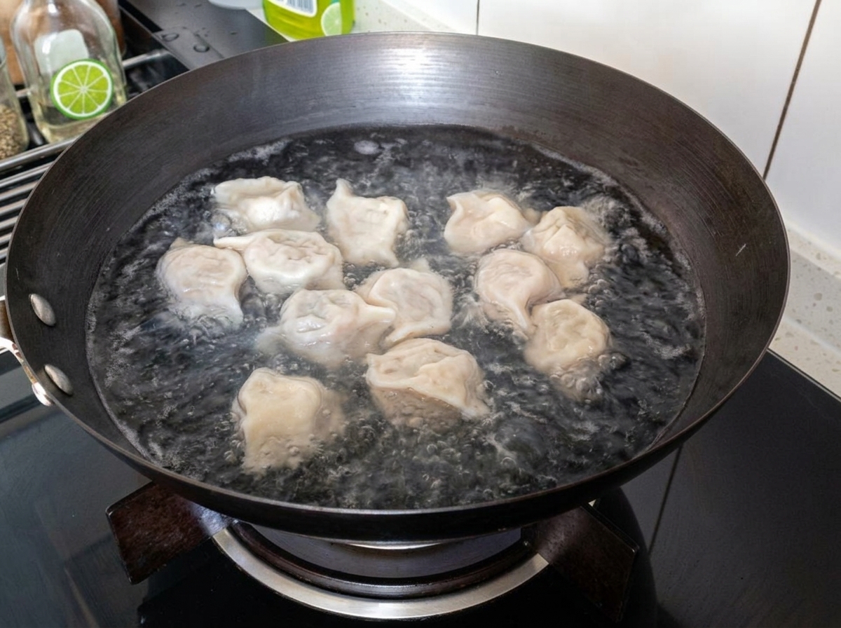 Paski tofu dodawane do garnka z gotującymi się pierożkami i bulionem.