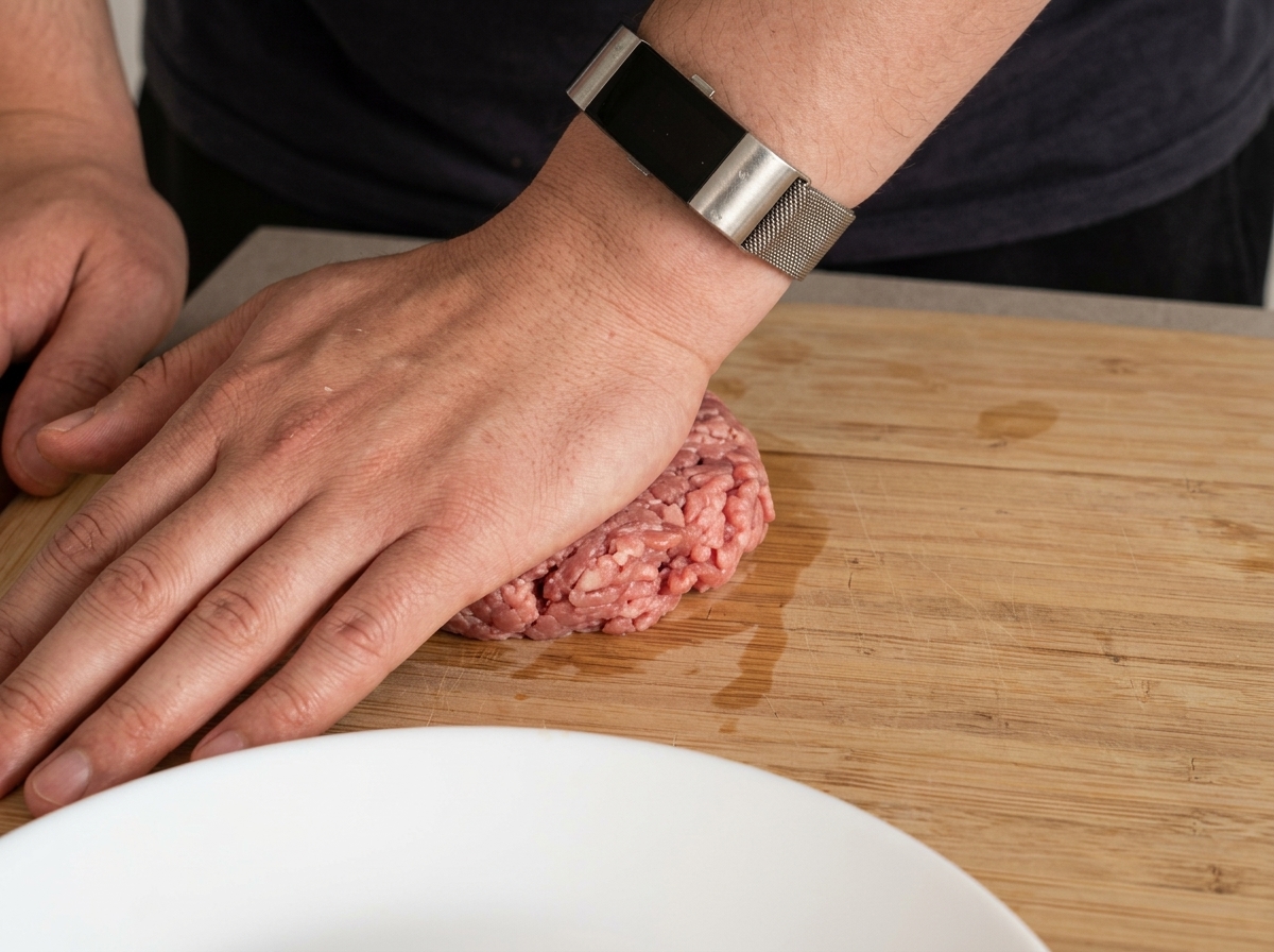 Dłoń rozpłaszczająca kulę z surowego mięsa na drewnianej desce w celu uformowania kotleta.