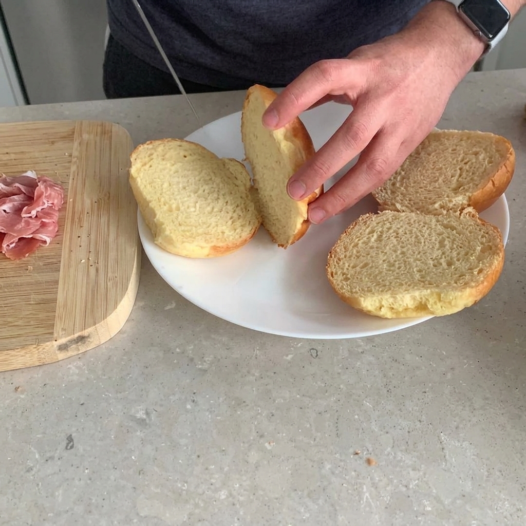 Przekrojone bułki brioche ułożone w koszu frytkownicy beztłuszczowej.