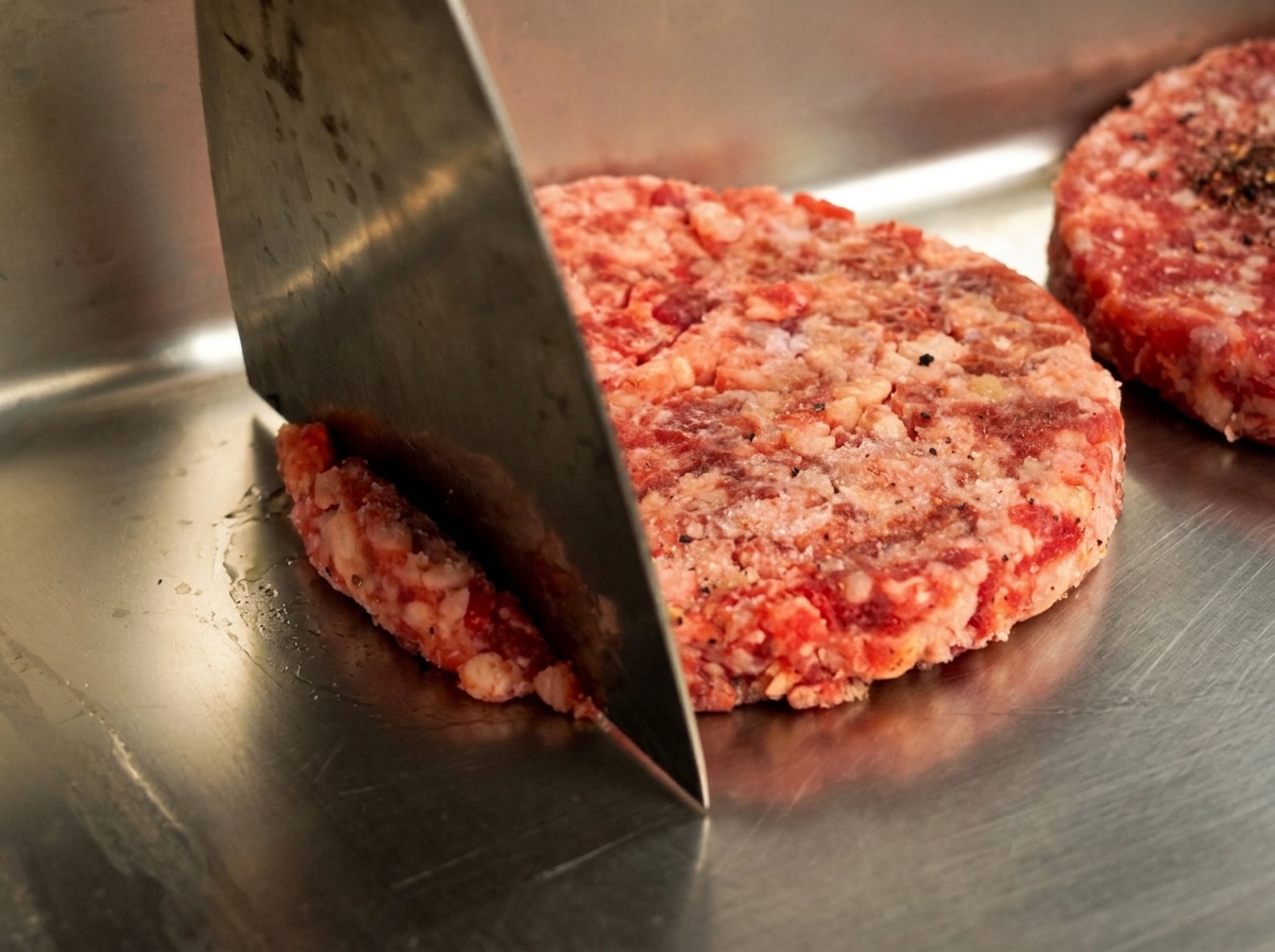 Surowy kotlet wołowy mieszany w metalowym naczyniu za pomocą płaskiej szpatułki.