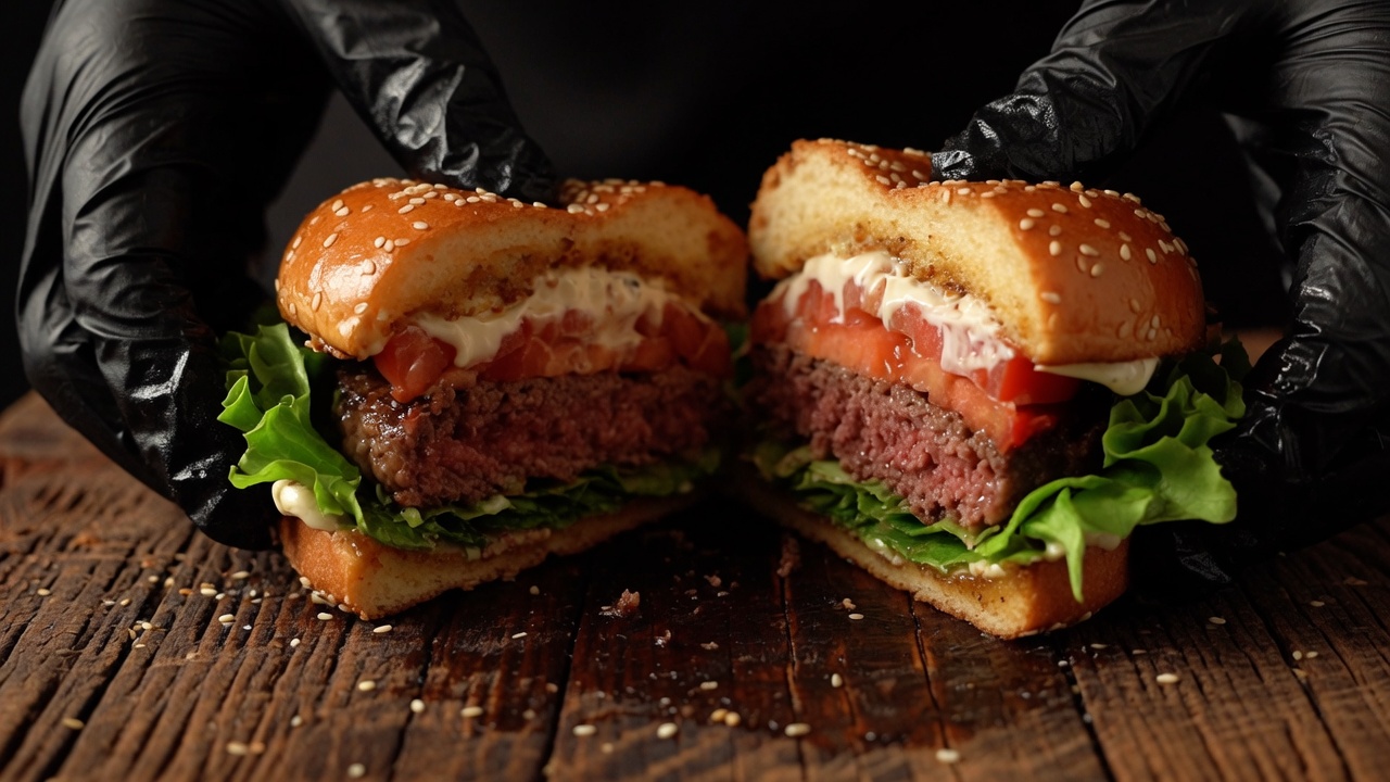 Wykwintny burger z wołowiną australijską Wagyu, przekrojony na pół, ukazujący soczysty, usmażony kotlet oraz świeże warstwy sałaty i pomidora.