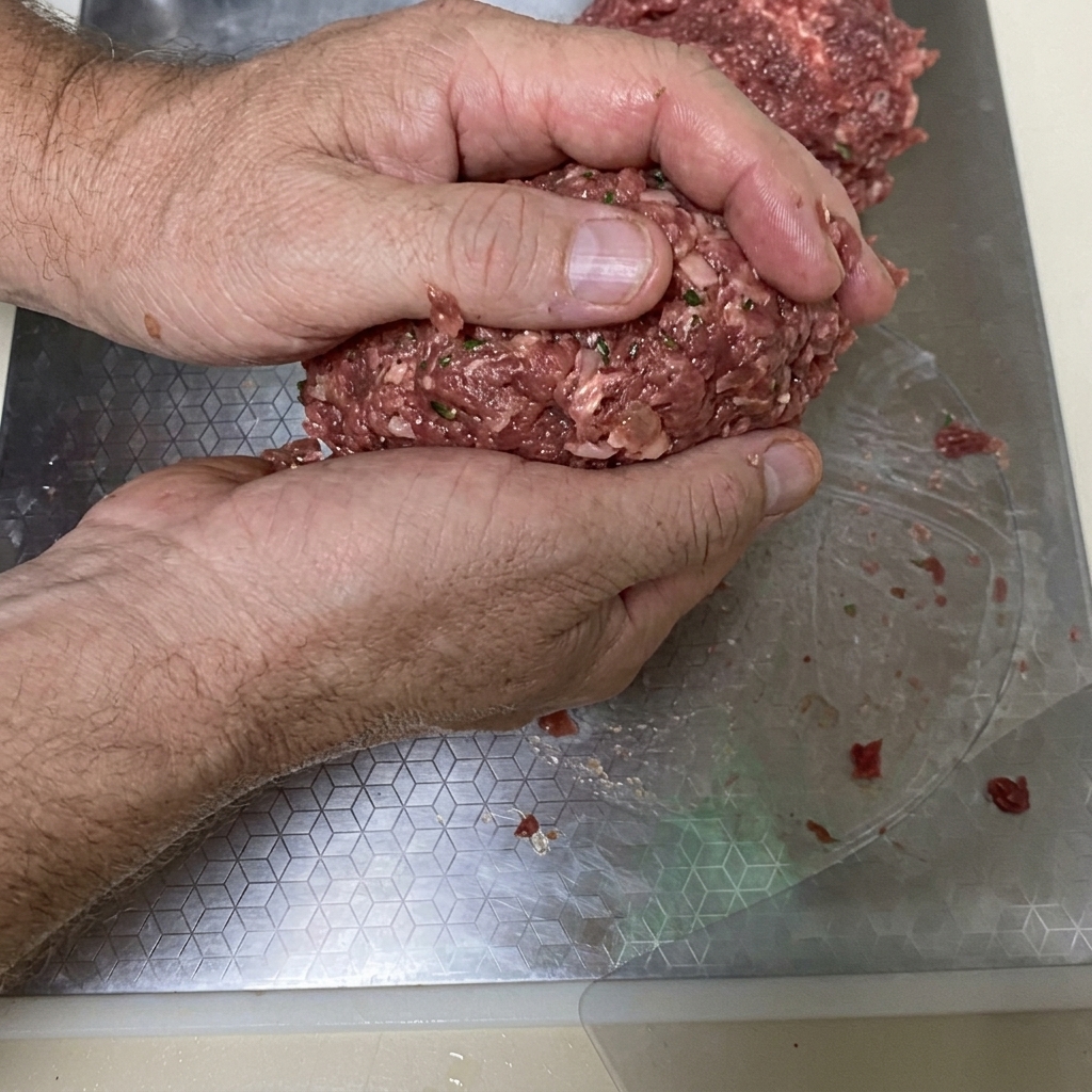 Dłonie formujące dużą porcję mięsa w okrągły kotlet do burgera.