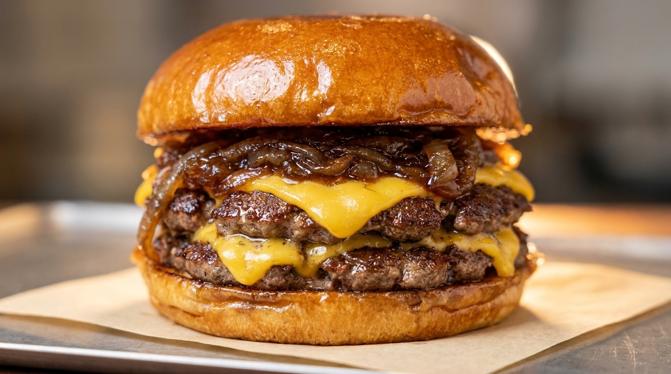 Klasyczny amerykański burger wołowy z karmelizowaną cebulą