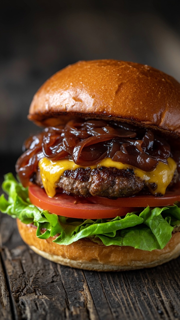 Cheeseburger z karmelizowaną cebulą w czerwonym winie