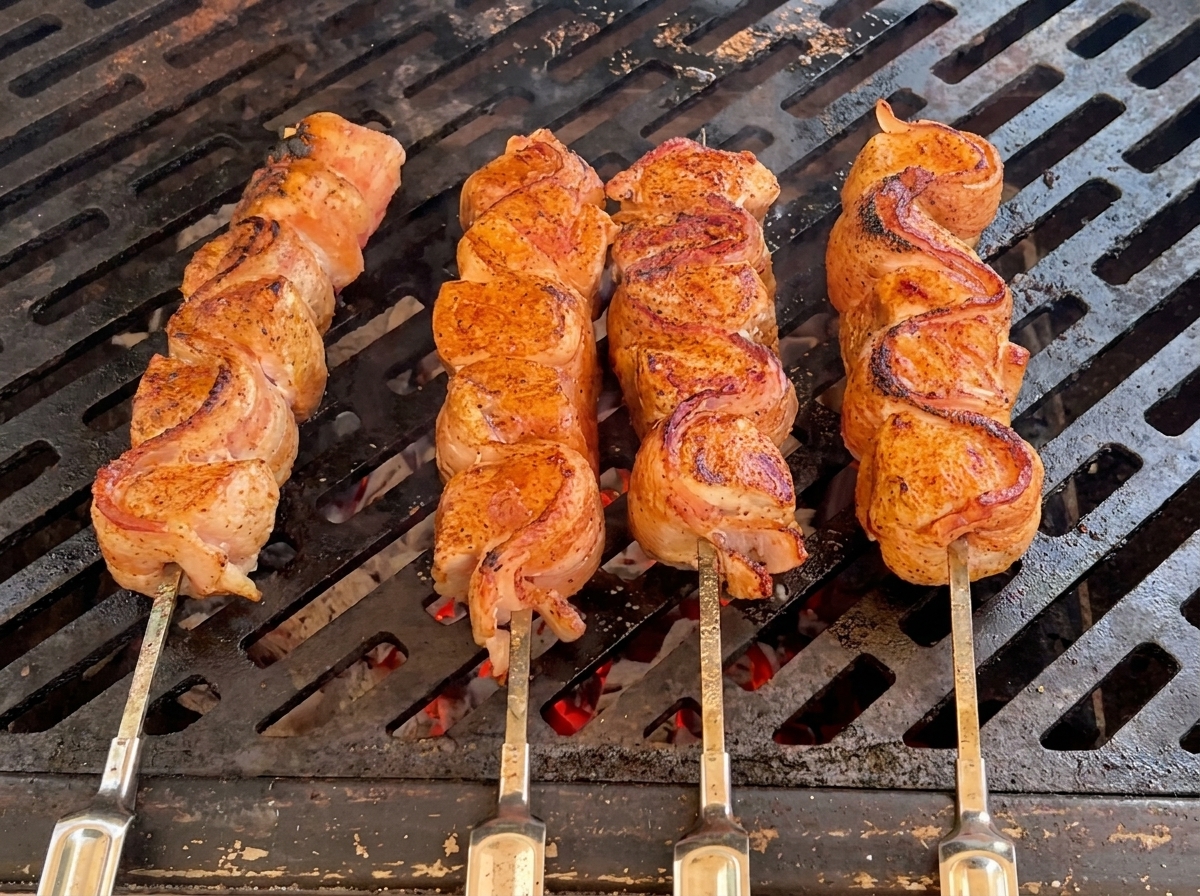 Szaszłyki smarowane ciemną, błyszczącą glazurą wiśniową na grillu.