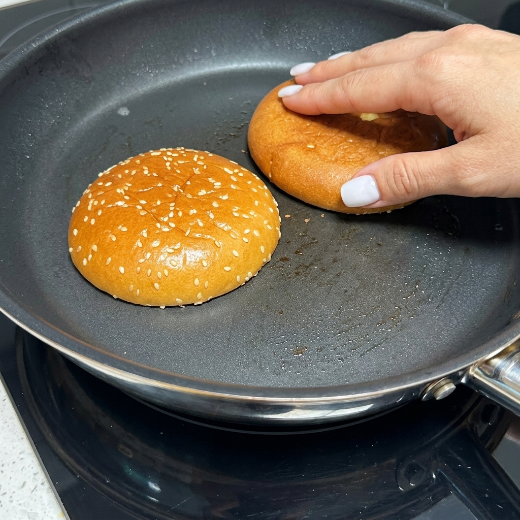 Połówki bułki do hamburgera rumieniące się na suchej patelni.