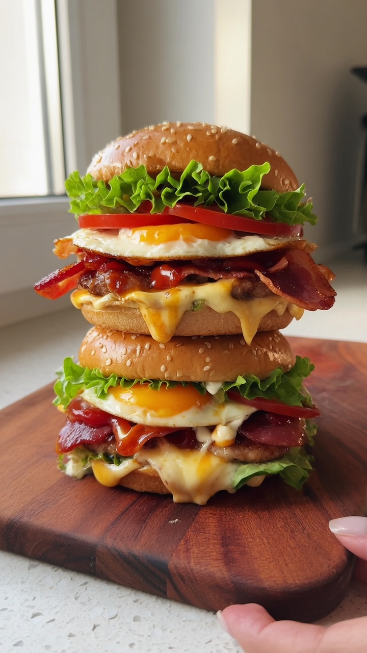 Wyjątkowy domowy burger śniadaniowy z bekonem i jajkiem