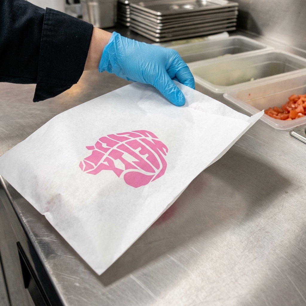 Zbliżenie na arkusz papieru do pakowania burgerów z logo Burger King na blacie roboczym.