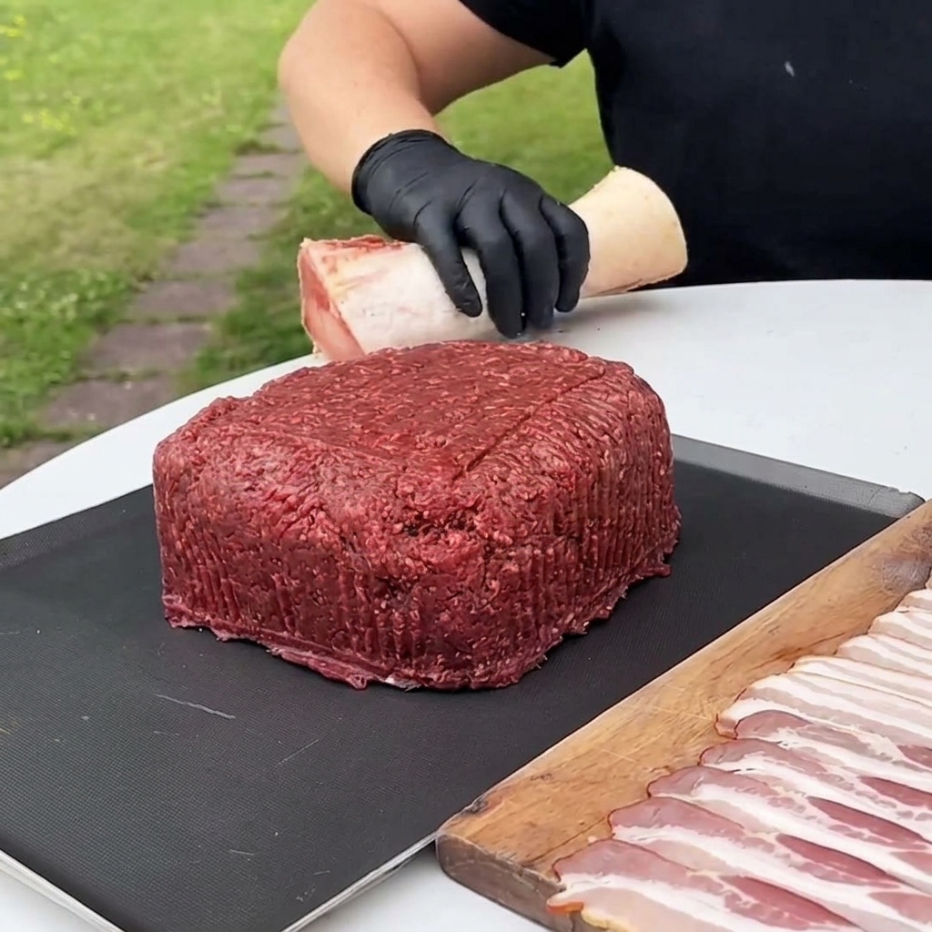 Duży kwadratowy kotlet z mielonej wołowiny na czarnej macie z kością szpikową w środku.