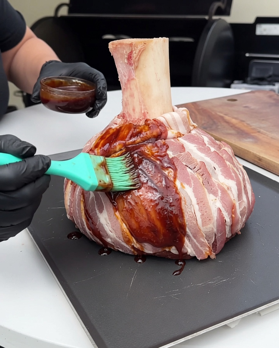Owinięty boczkiem blok mięsa smarowany pędzlem grubym, ciemnobrązowym sosem barbecue.