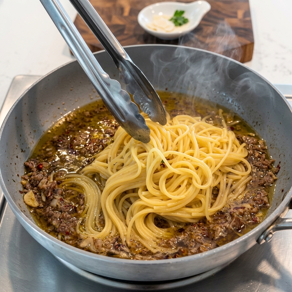Makaron ugotowany al dente mieszany z przygotowanym sosem na patelni.