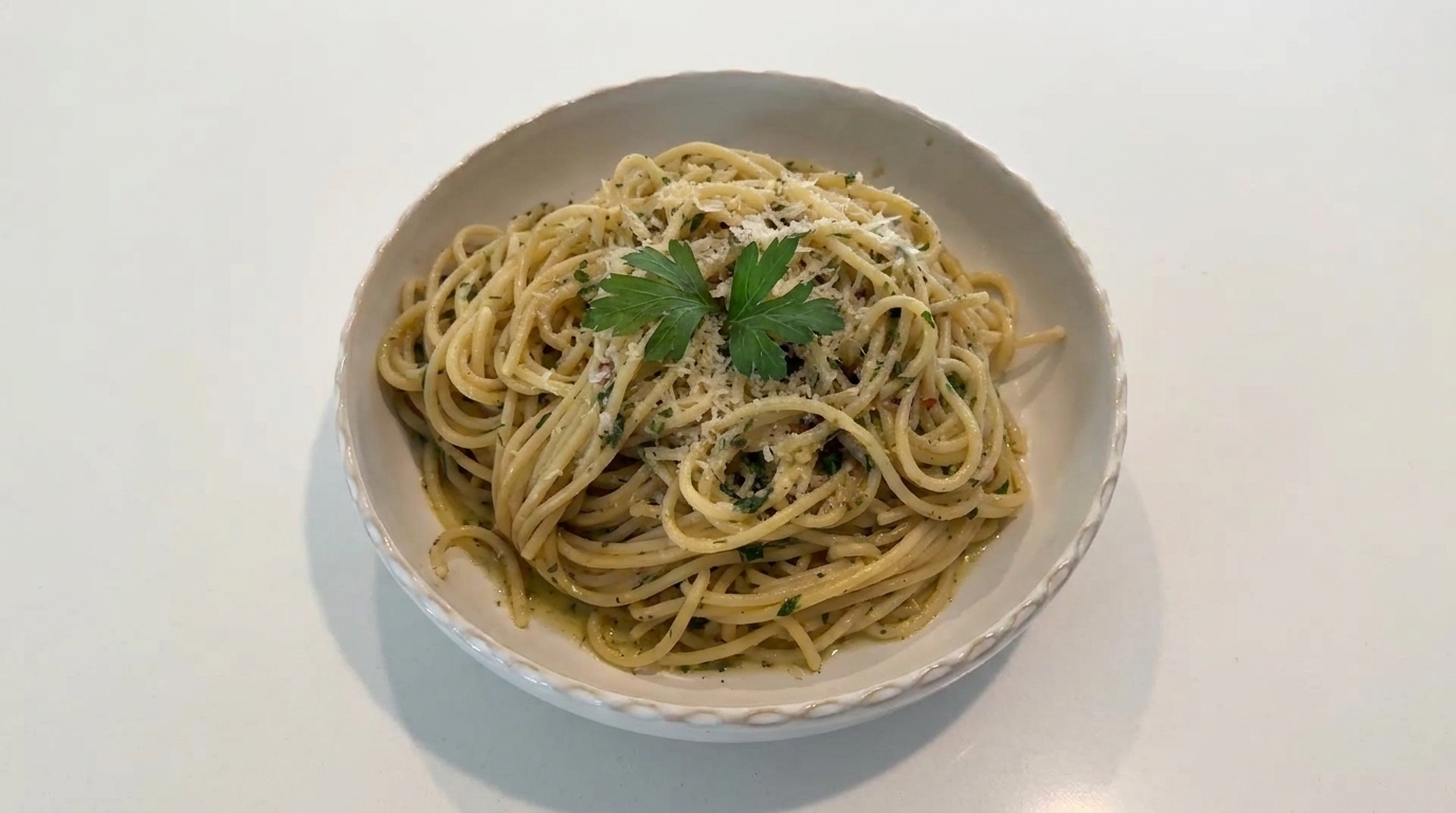 Klasyczne spaghetti z cytryną, czosnkiem i natką pietruszki