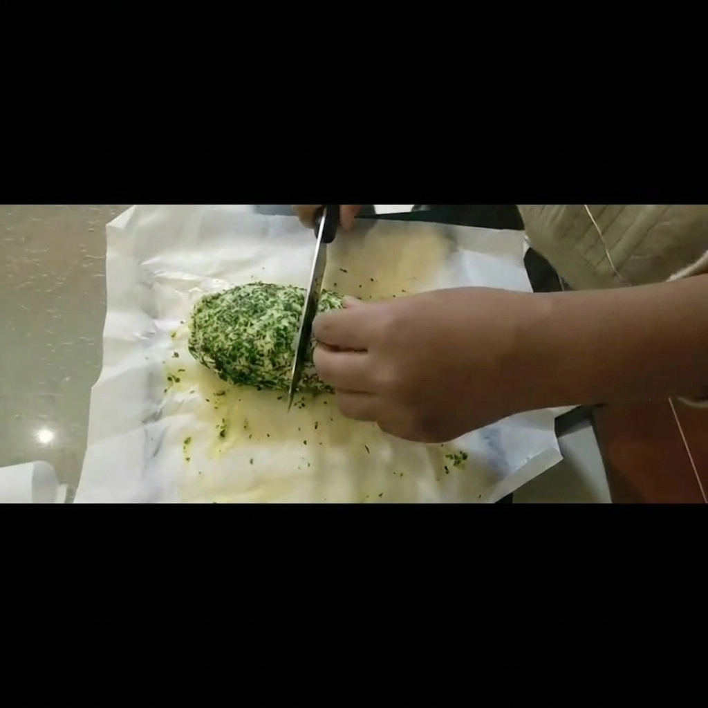 Równo pokrojone plastry masła czosnkowego z ziołami ułożone na papierze do pieczenia.