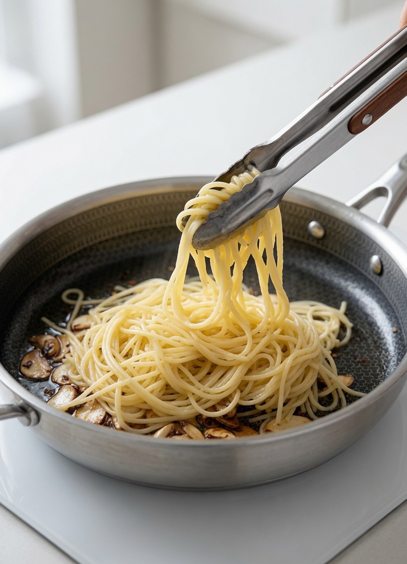 Ugotowane spaghetti mieszane z czosnkowo-chiliową oliwą na patelni przy użyciu szczypiec.