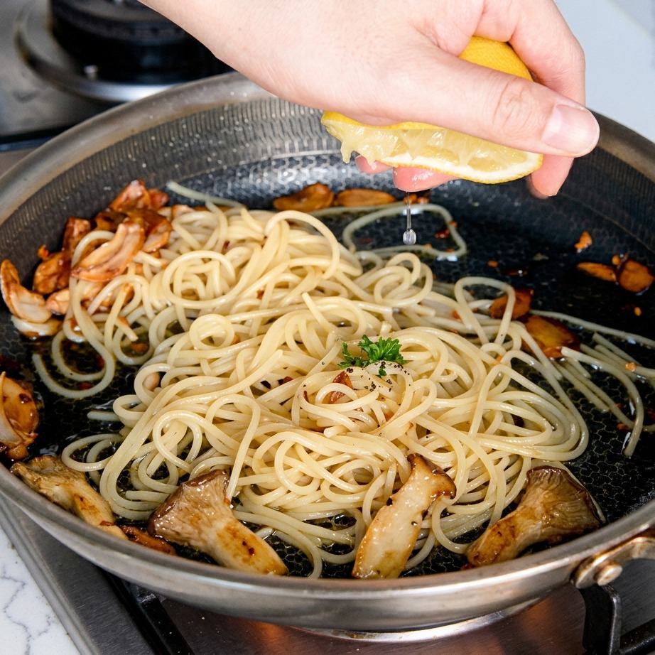 Ręka wyciskająca świeżą cytrynę nad spaghetti na patelni.