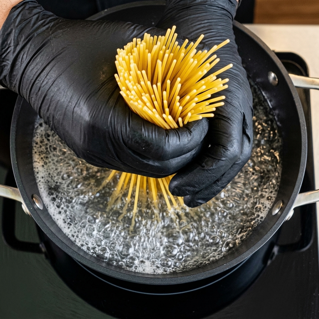 Ręce w rękawiczkach trzymające wiązkę suchego spaghetti i wkładające je prosto do garnka z wrzącą wodą.