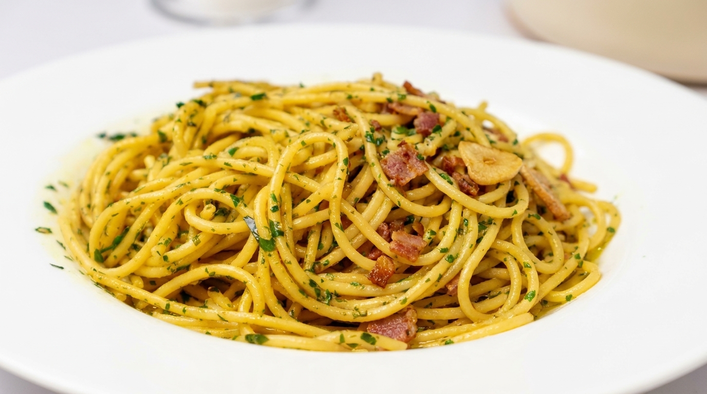 Talerz spaghetti z nutą złocistego czosnku, świeżą pietruszką i kawałkami chrupiącego boczku.