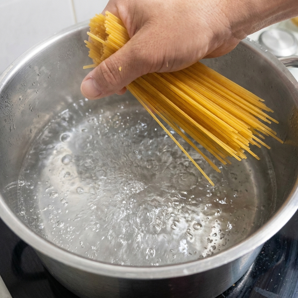Garść suchego spaghetti zanurzana we wrzącej wodzie.