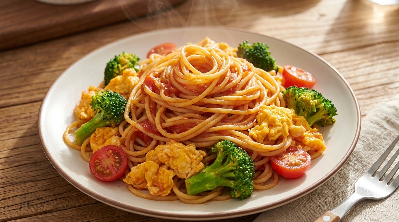 Smażone spaghetti z pomidorami, jajkiem i brokułami