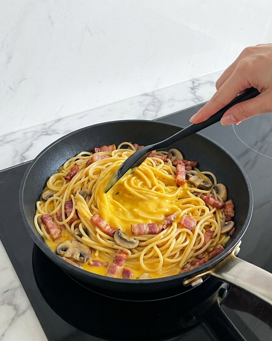Czarna łopatka mieszająca spaghetti z kremowym żółtym sosem dyniowym i boczkiem na patelni.