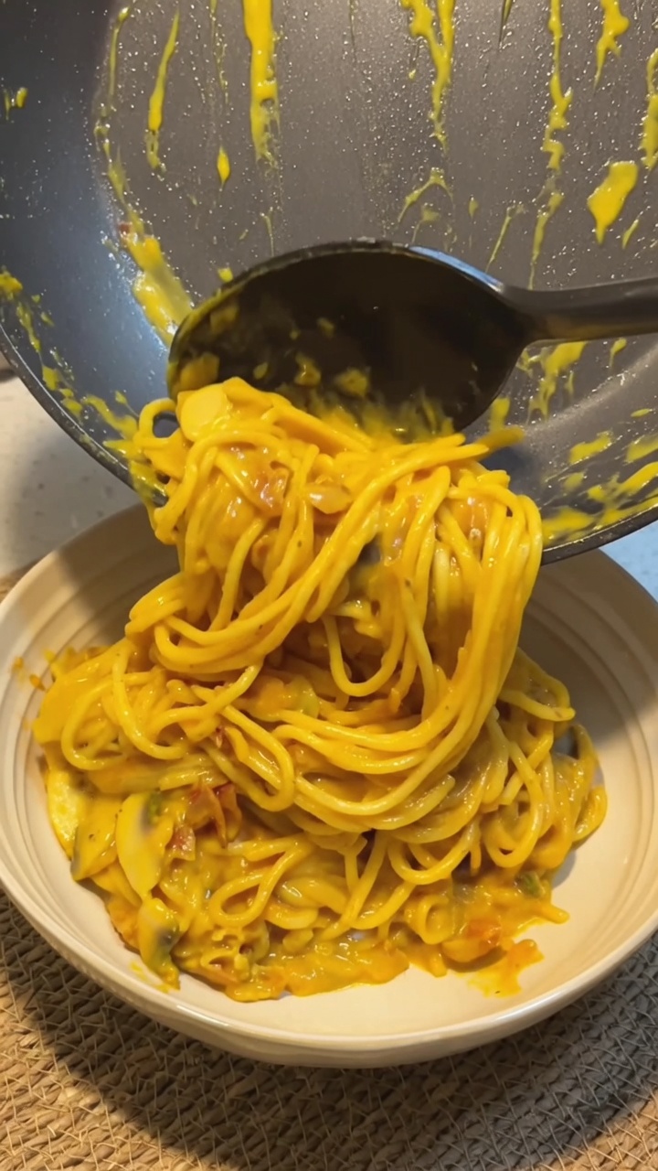 Kremowe spaghetti z dynią, boczkiem i pieczarkami