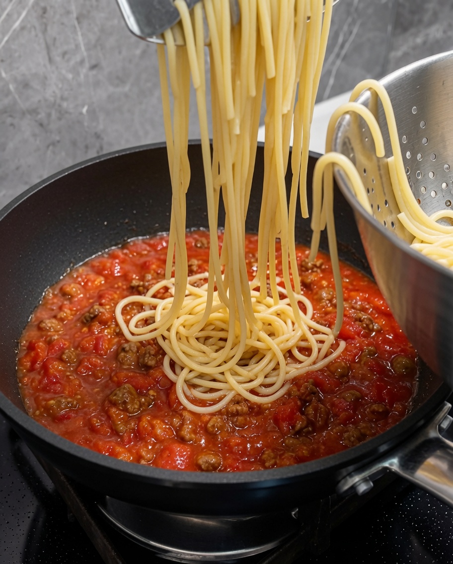 Ugotowane nitki spaghetti dodawane na patelnię do gęstego, czerwonego sosu mięsnego.