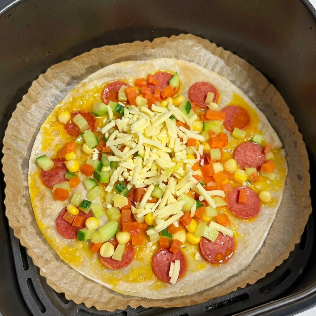 Pizza z placka szczypiorkowego przykryta warzywami i grubą warstwą tartego sera.