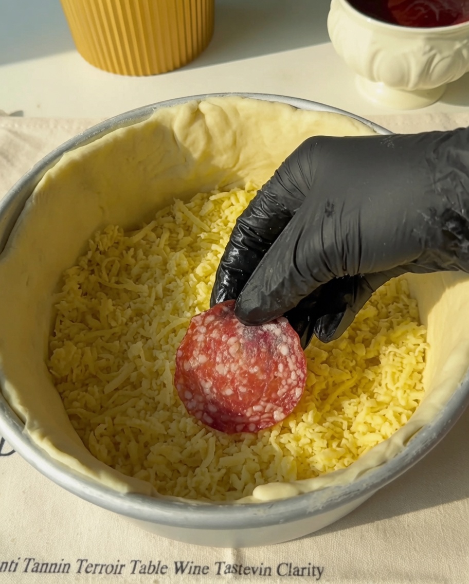 Plastry salami układane na serowej warstwie w formie.