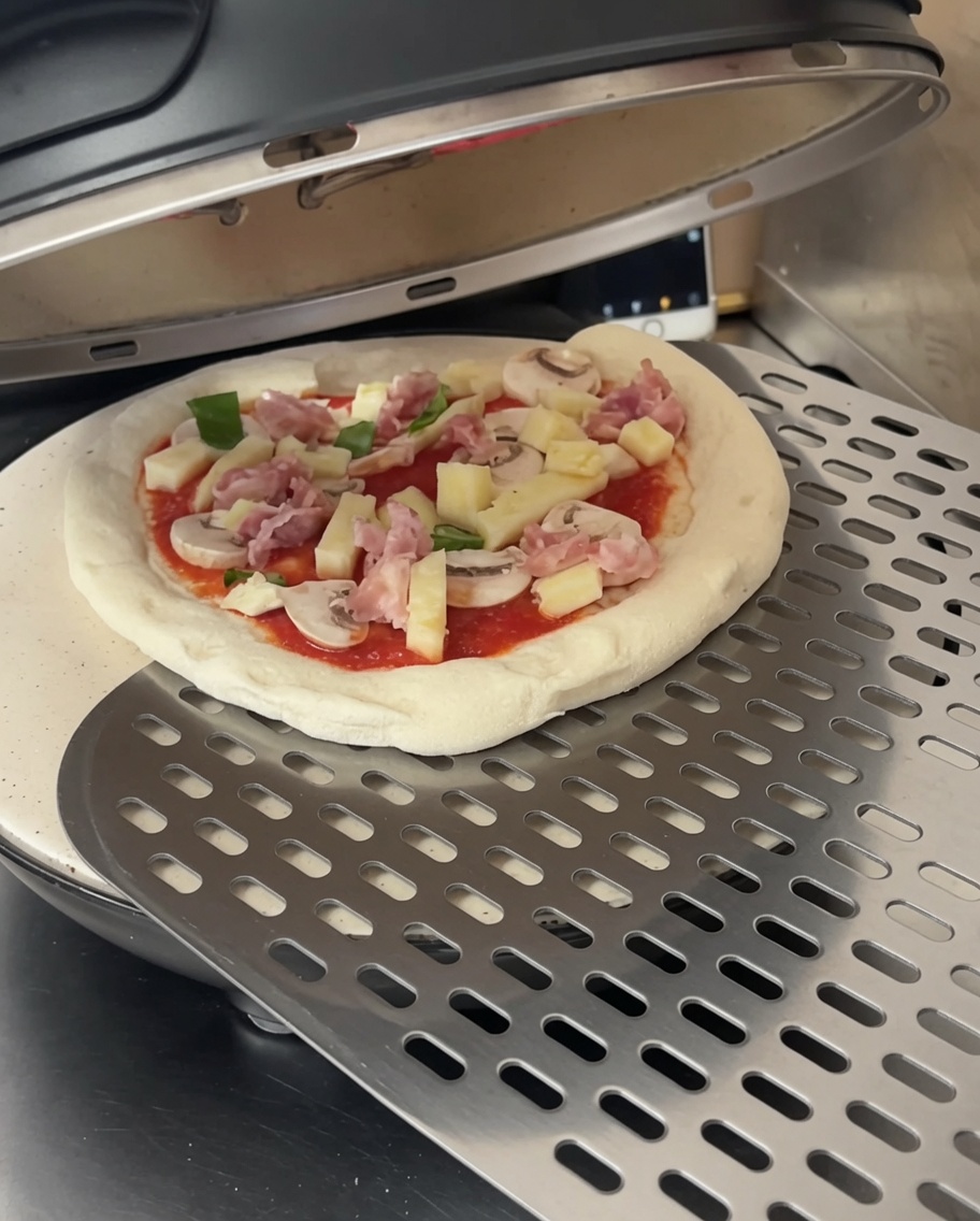 Surowa pizza z dodatkami na metalowej łopacie, wkładana do otwartego pieca nablatowego.