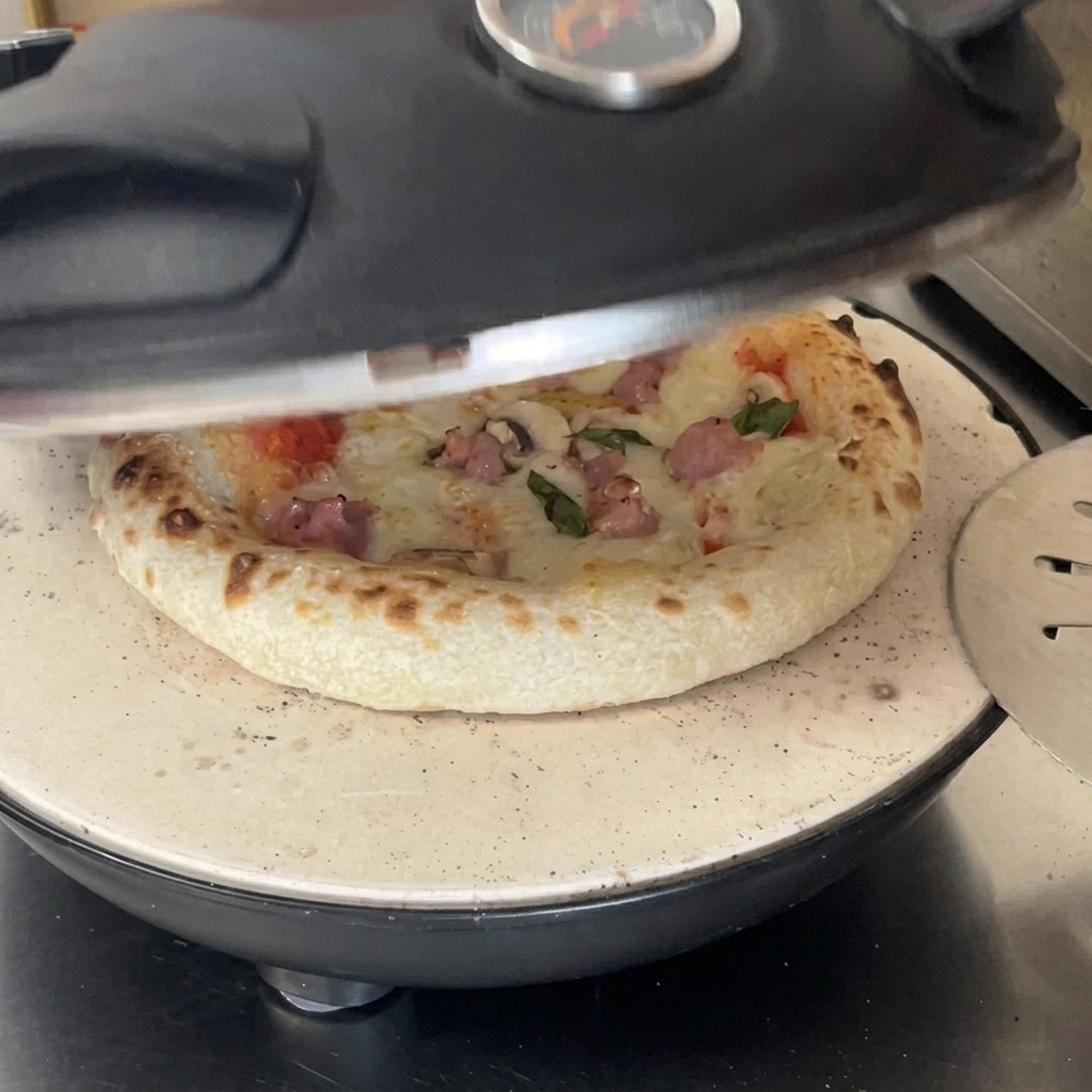 Złocista pizza z bąbelkującym serem na kamieniu w otwartym piecu.