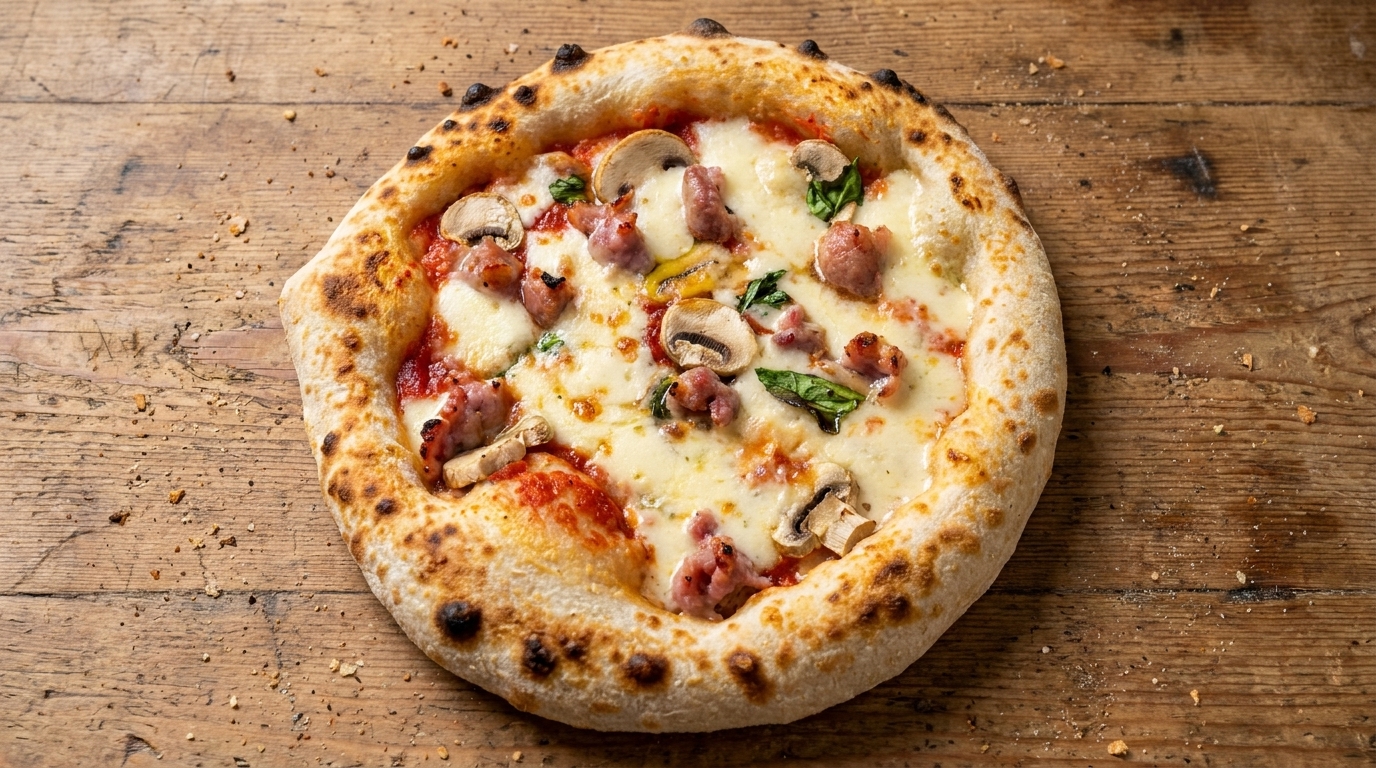 Rustykalna pizza z grzybami, wieprzowiną i kiełbasą