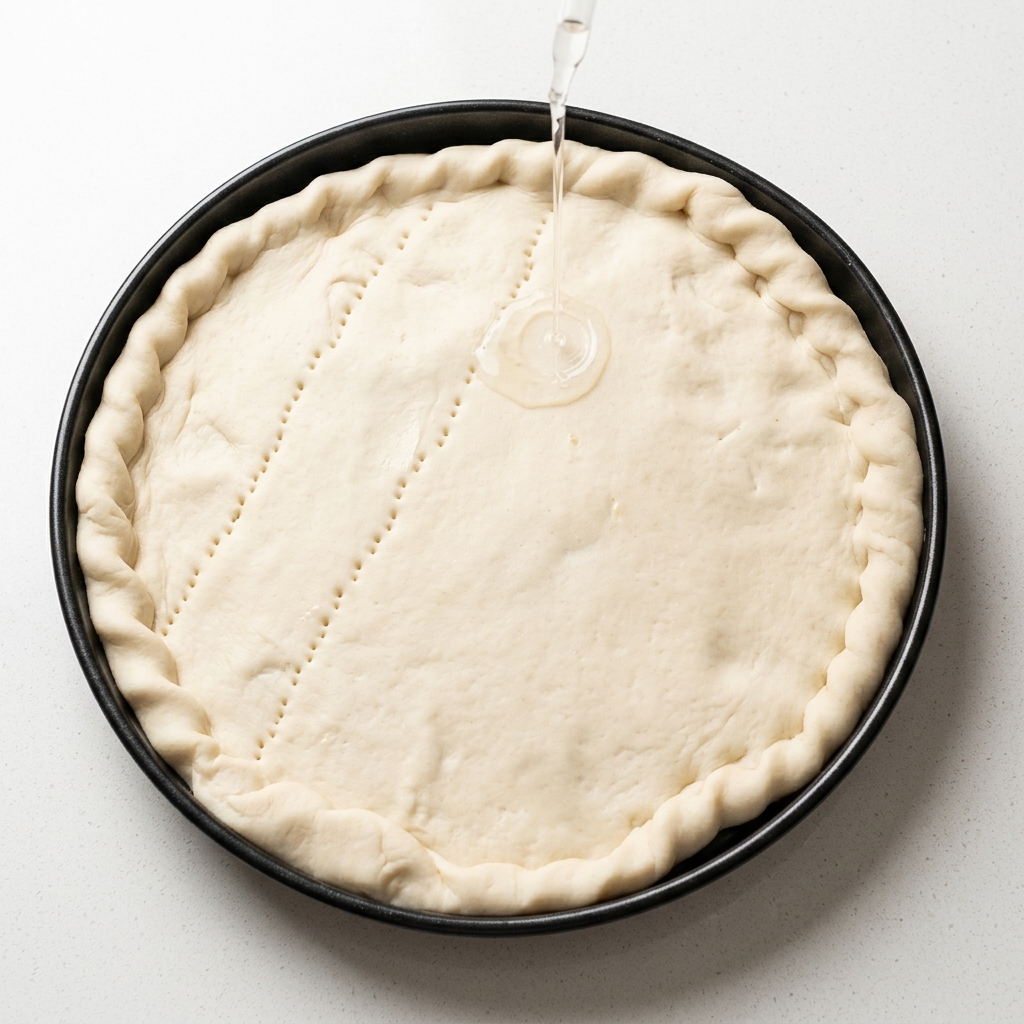 Spód pizzy w okrągłej formie do pieczenia nakłuwany widelcem.