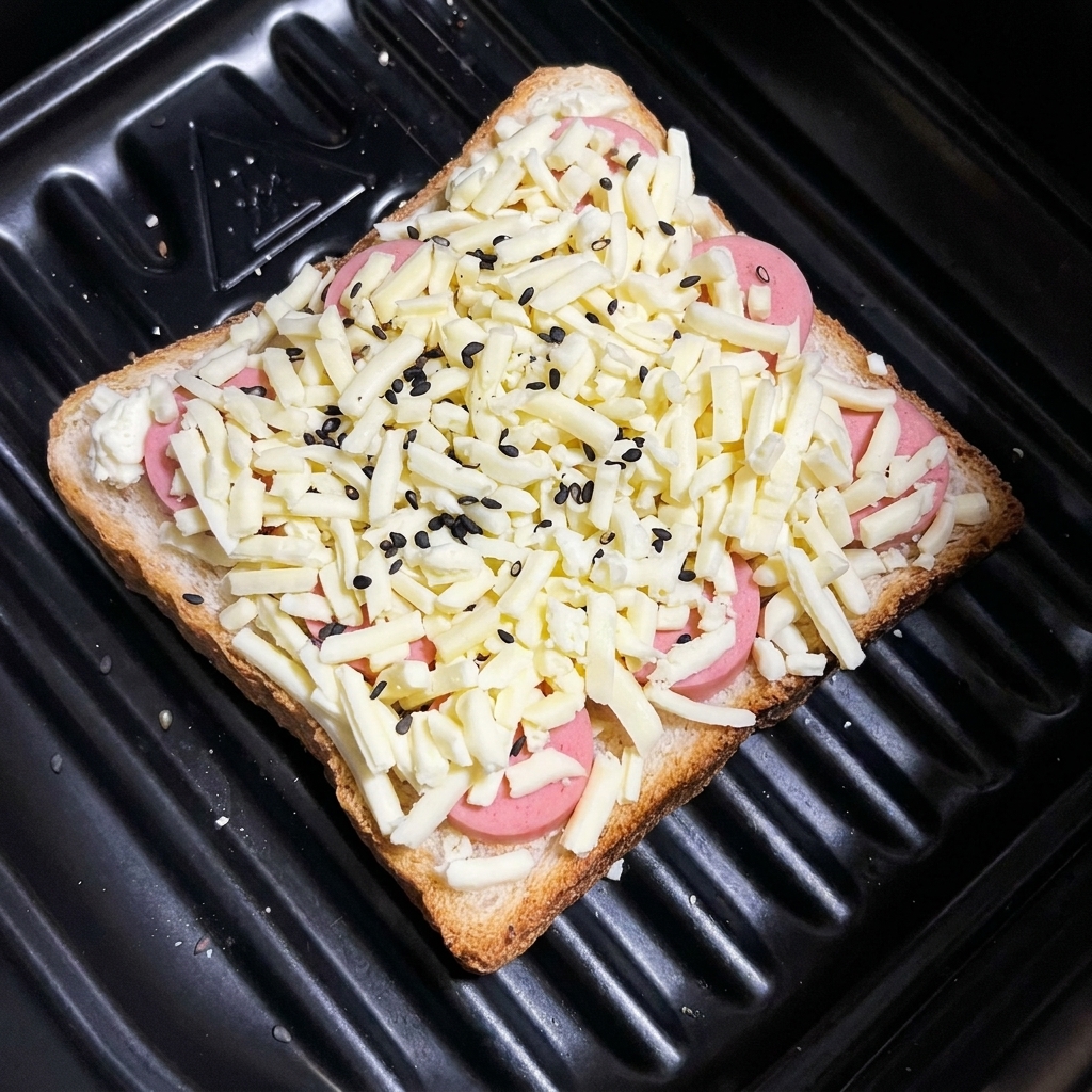 Złożony tost z parówką i serem posypany czarnym sezamem.