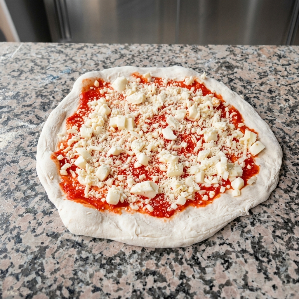 Posypywanie pizzy startym twardym serem i suszonymi ziołami.
